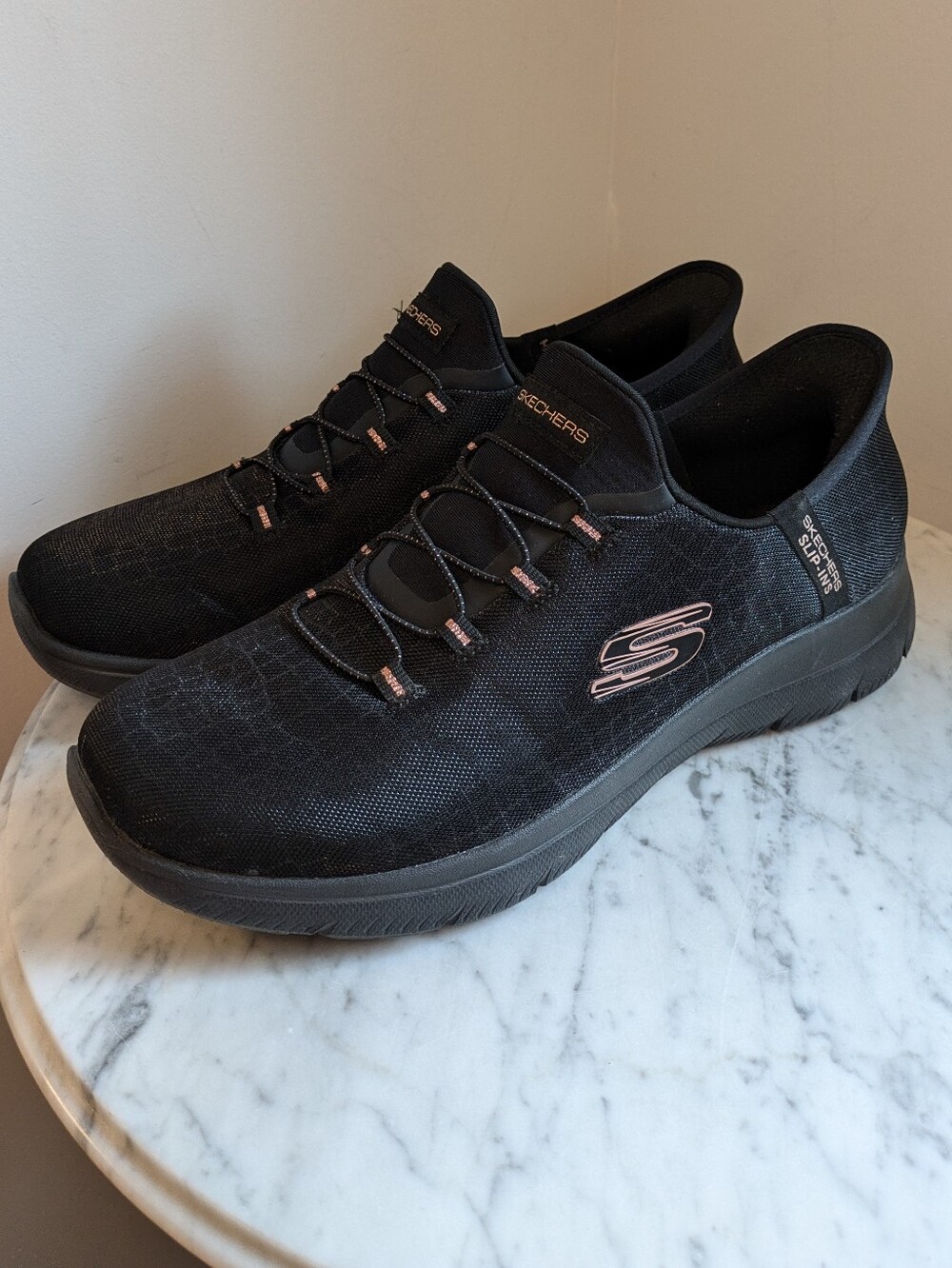 Skechers Slip-On Black Sneakers with Rose Gold Accents Size 9